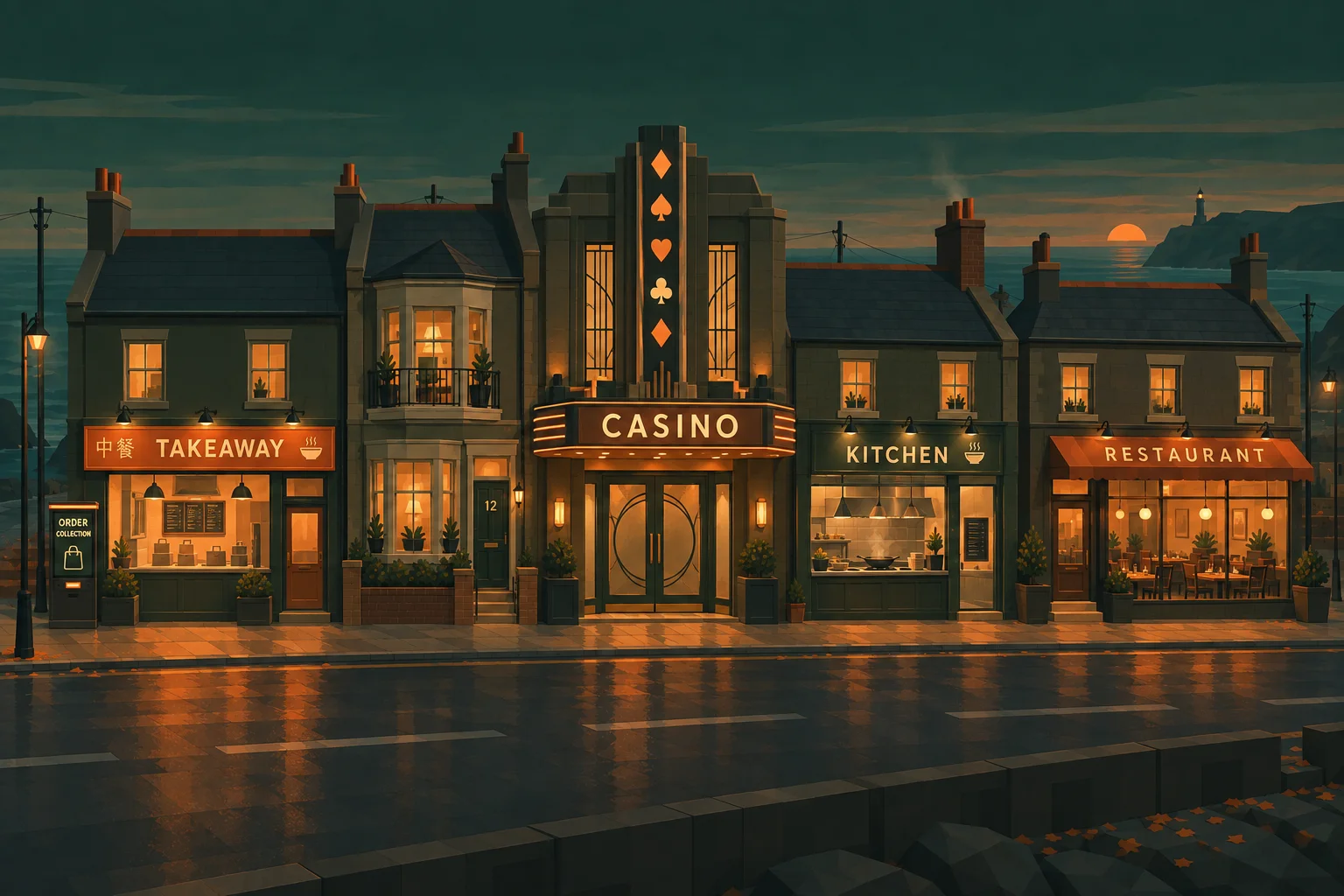 An imagined low-poly British coastal high street at dusk, with warm shop windows and quiet geometric buildings.